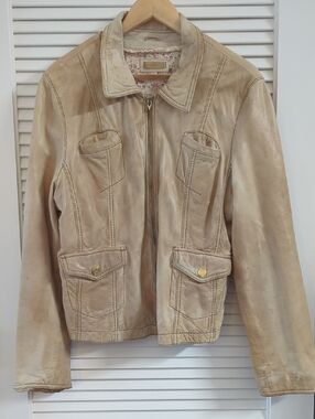 Vintage XXL Wilson's distressed Women's Beige Leather Jacket Floral Lining